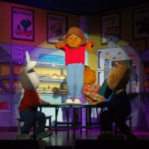 Arthur's Friends share a moment in the Cafeteria. Scenic Elements had to be easily moved by costumed characters and sturdy enough to dance on.