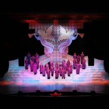 The Heart & Soul Ensemble perform in front of a trumpeting pair of 12 foot tall angels.