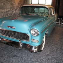 A black and white photo background ensures that the car remains the focus of this exhibit.