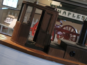 A view of the restored Naples welcome wagon from the deck of a miniature model.